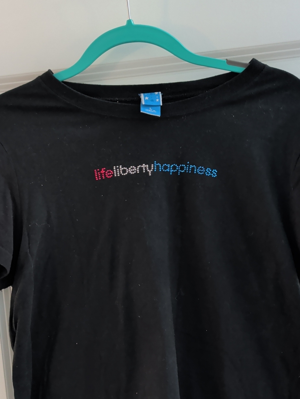 Black Short-Sleeve Rhinestone Logo Tee - life liberty happiness